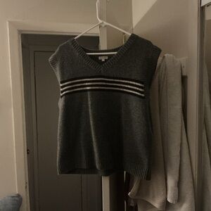 Gray V-Neck Striped Women's Sweater